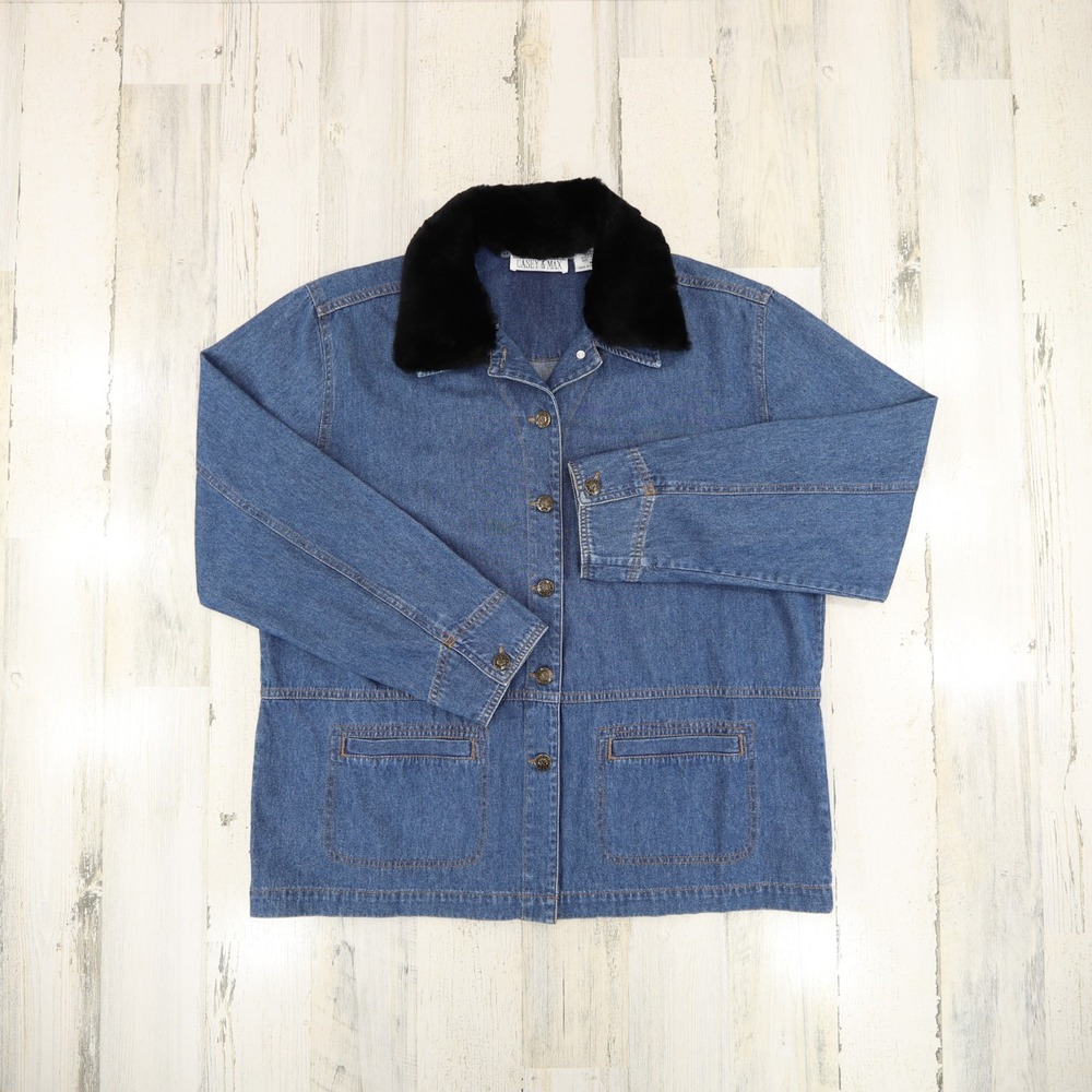 Vintage Casey & Max Jacket Womens Medium Lightweight Denim Removable Fur Collar